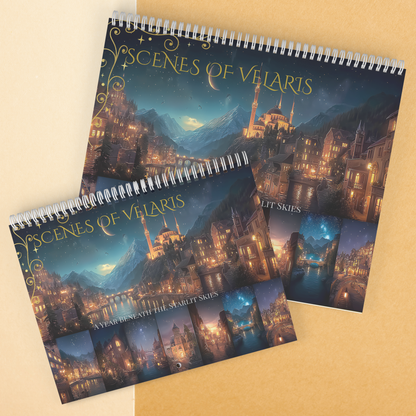 magical city wall décor calendar for cozy spaces, dreamy fantasy city calendar with spiral binding