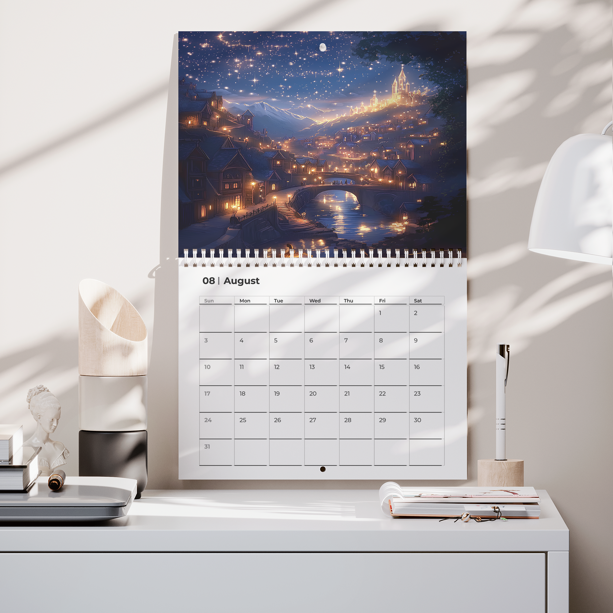 cozy reading nook fantasy calendar with enchanted artwork, premium spiral bound fantasy wall calendar for 2026