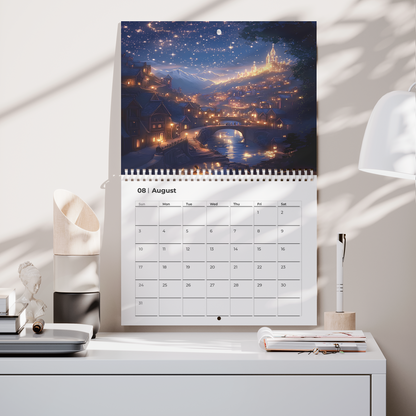 cozy reading nook fantasy calendar with enchanted artwork, premium spiral bound fantasy wall calendar for 2026