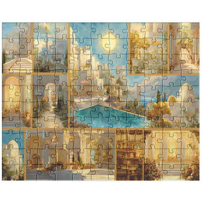 sunlit fantasy world puzzle with castle and arches,
book lover fantasy puzzle with dreamy golden hues,
collectible jigsaw puzzle showing serene sunlit kingdom,