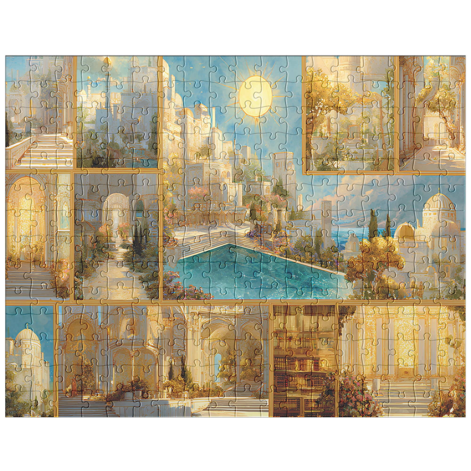 mindfulness puzzle art of luminous fantasy city,
sunlit realm art puzzle on marble background,
creative fantasy jigsaw with golden and teal tones,
