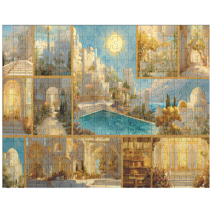 mindfulness puzzle art of luminous fantasy city,
sunlit realm art puzzle on marble background,
creative fantasy jigsaw with golden and teal tones,