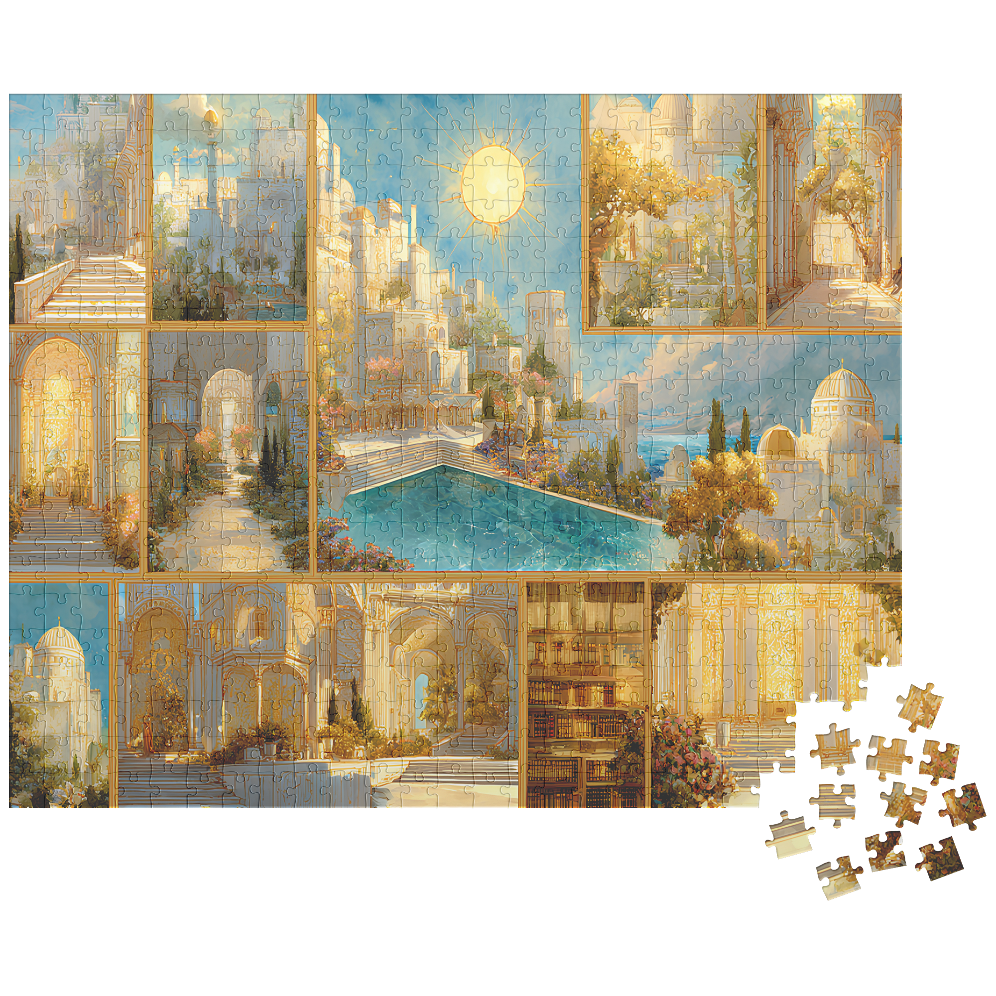 cozy aesthetic art puzzle for bookish home styling, fantasy sunlit kingdom puzzle for adults,
gold and blue fantasy art jigsaw puzzle