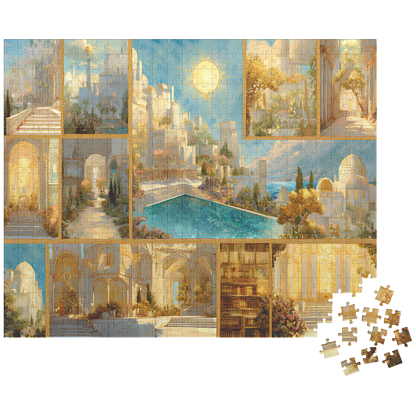 cozy aesthetic art puzzle for bookish home styling, fantasy sunlit kingdom puzzle for adults,
gold and blue fantasy art jigsaw puzzle