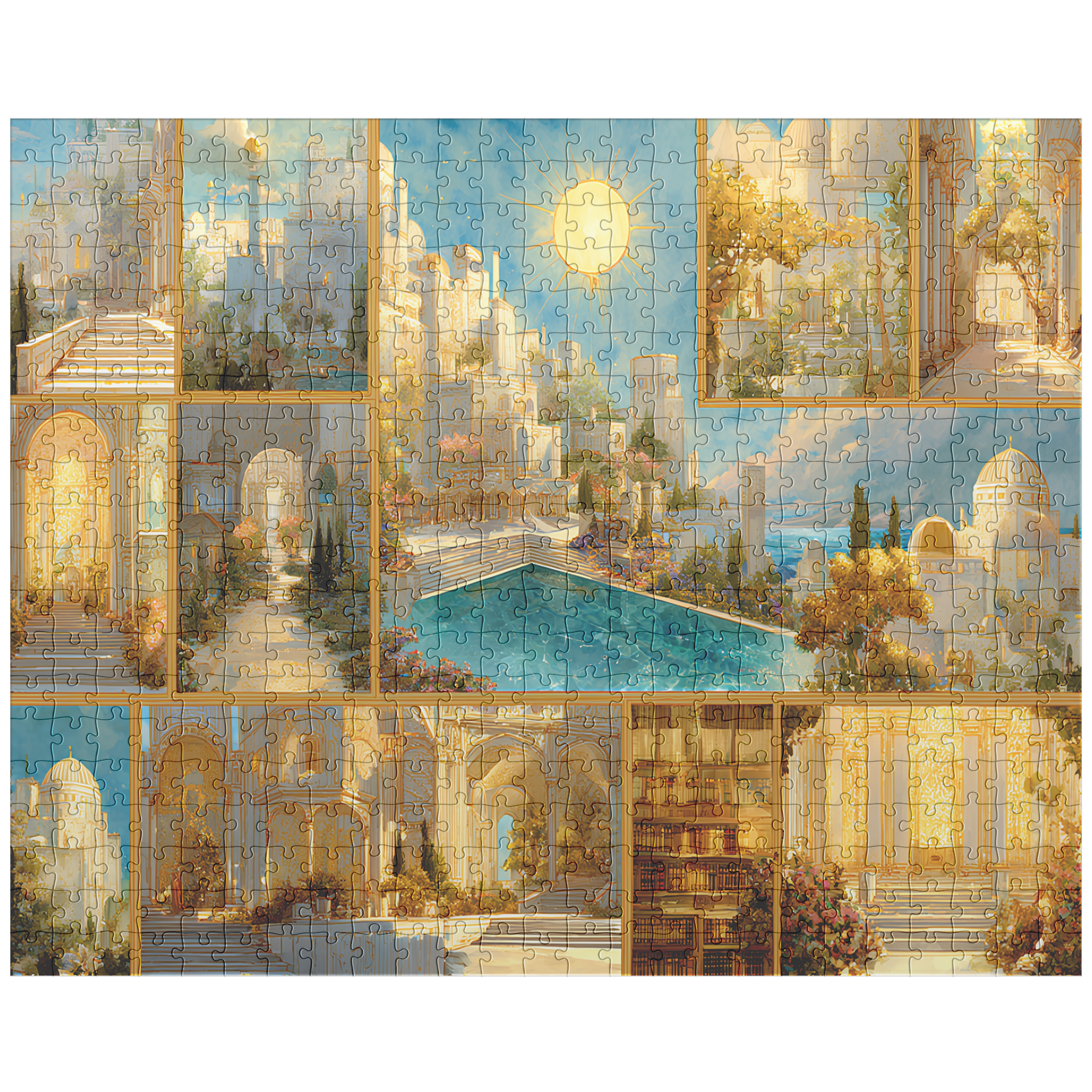 bookish fantasy puzzle featuring radiant architecture,
soothing jigsaw puzzle for quiet mindful moments,
luxurious fantasy decor puzzle in golden tones,