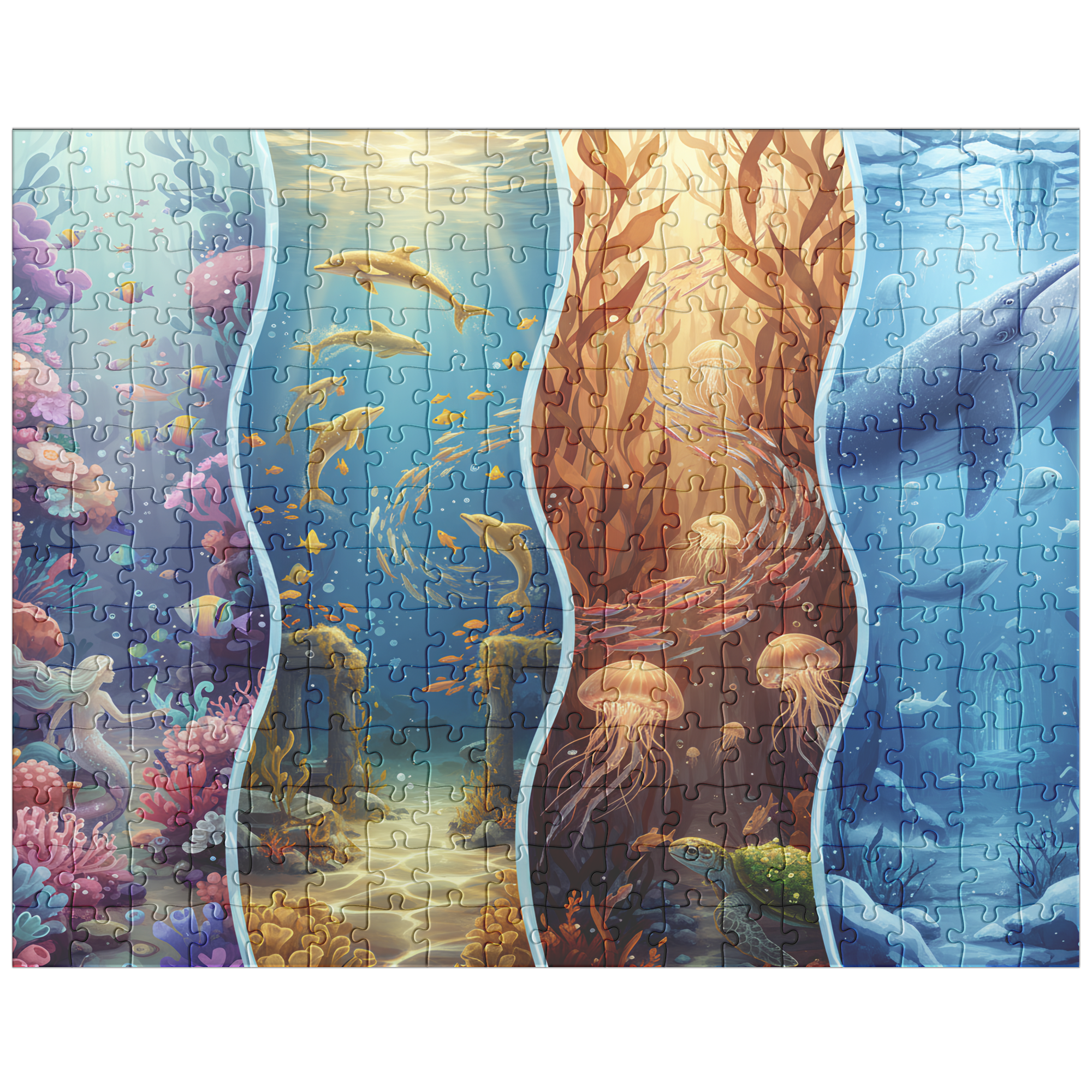 ocean reef and sea creature puzzle, magical underwater fantasy jigsaw