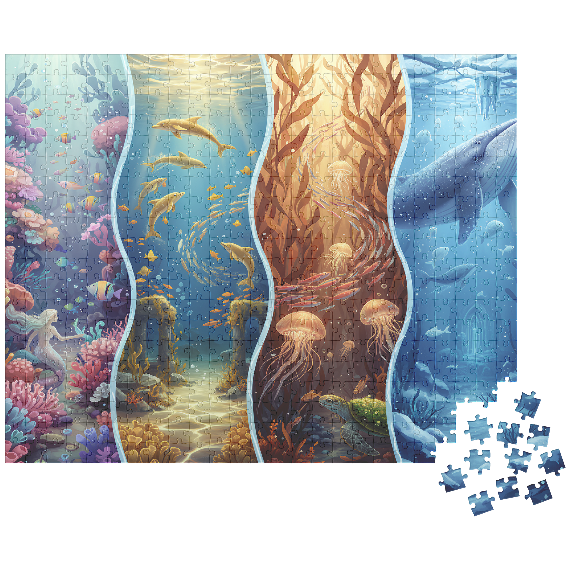 puzzle with whale and ruins artwork, artistic ocean reef puzzle print