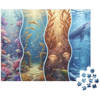 puzzle with whale and ruins artwork, artistic ocean reef puzzle print