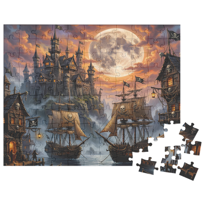 fantasy pirate dock puzzle with dramatic sky, pirate port fantasy puzzle with full moon background, adventure harbor jigsaw puzzle with fantasy ships