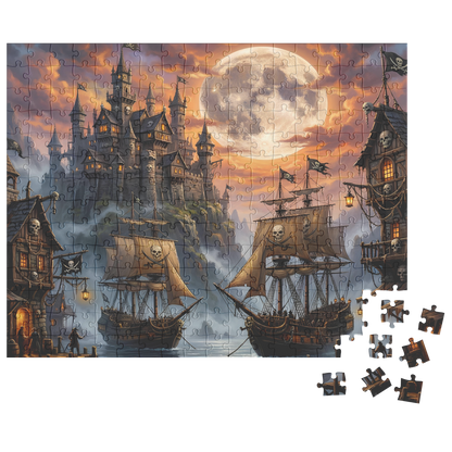 pirate core fantasy harbor puzzle scene, fantasy harbor city puzzle for adults, cozy pirate harbor puzzle for romantasy readers
