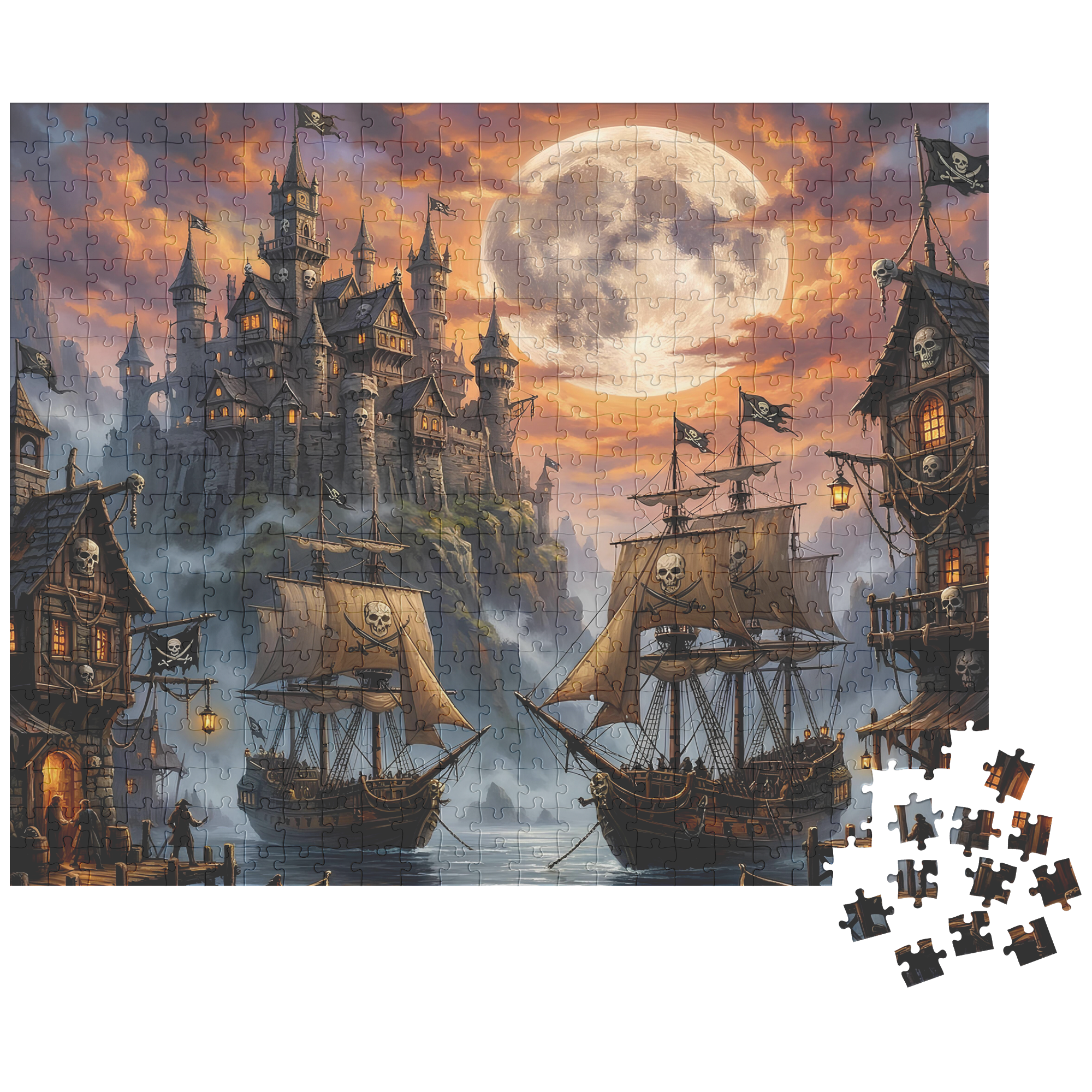 pirate island port puzzle artwork with moonlight, fantasy pirate world harbor jigsaw puzzle, storybook pirate harbor jigsaw puzzle illustration