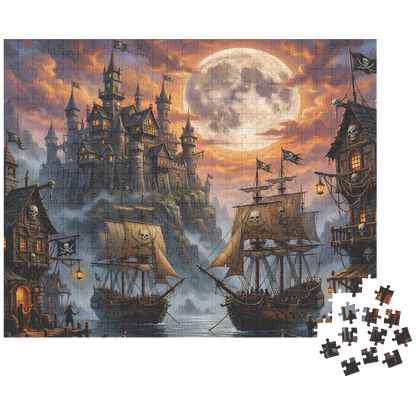 pirate island port puzzle artwork with moonlight, fantasy pirate world harbor jigsaw puzzle, storybook pirate harbor jigsaw puzzle illustration