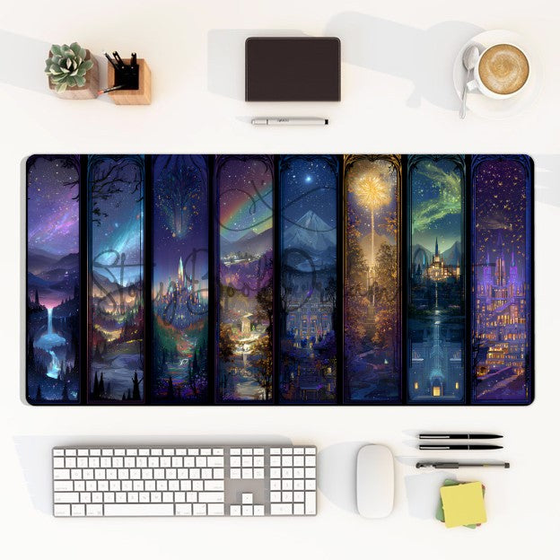 Scenes of Velaris desk mat on white desk with keyboard and coffee cup, ACOTAR Night Court fantasy mouse pad with celestial skyline