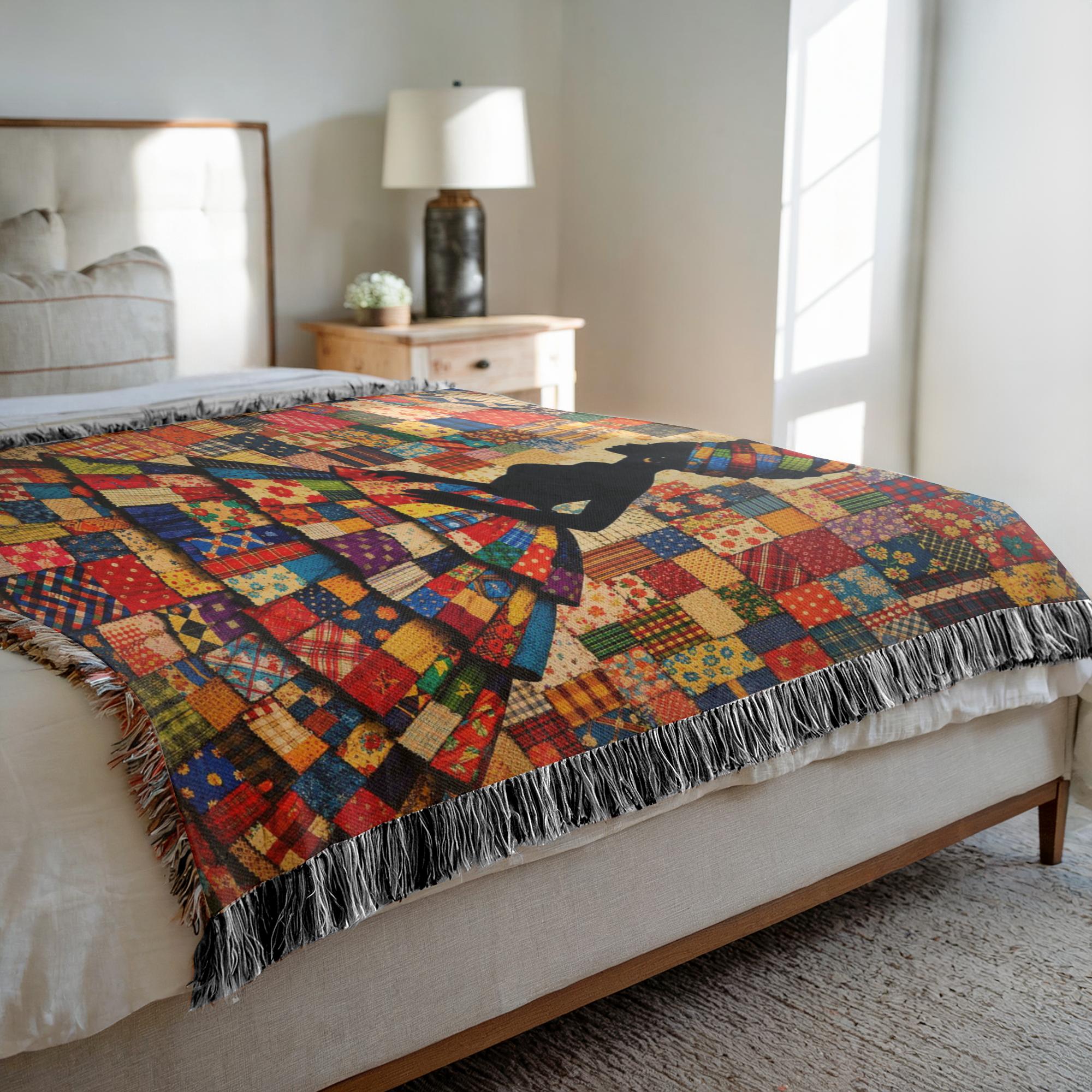 luxury jacquard woven throw with bold silhouette artwork, cotton woven tapestry blanket with dimensional textile depth, heirloom quality afrocentric art throw for gallery wal