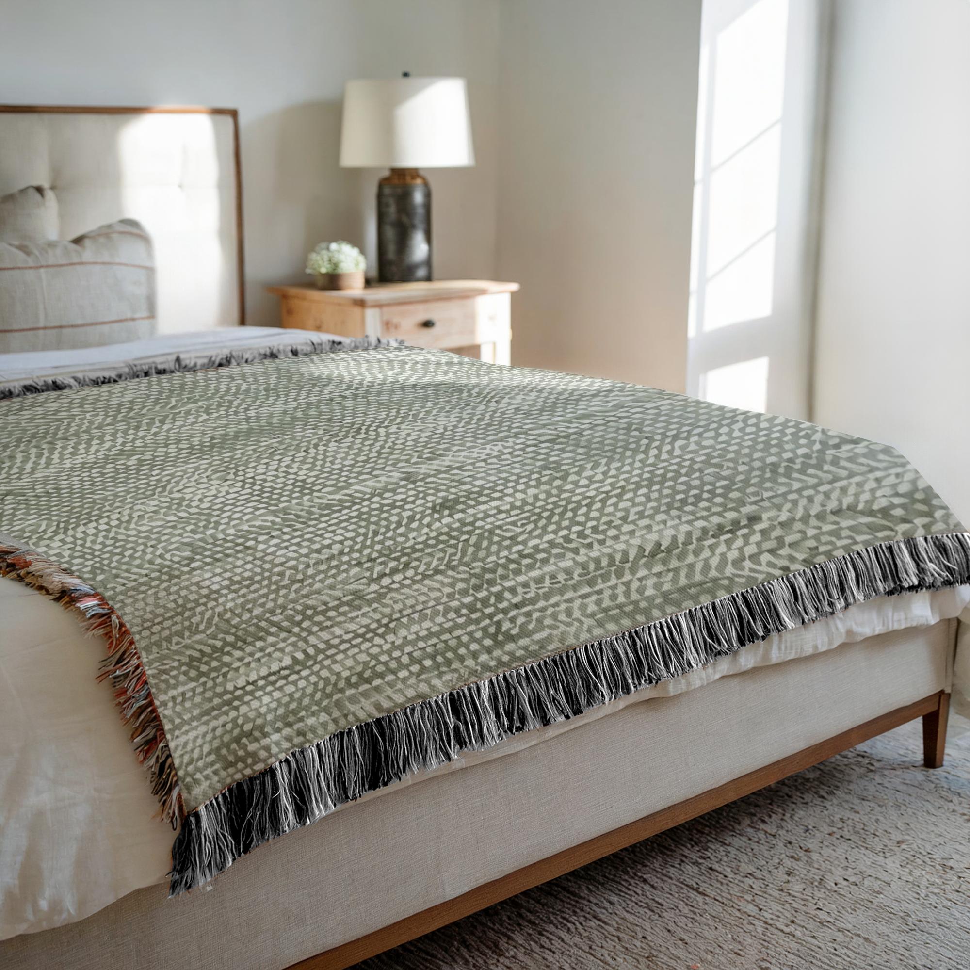 neutral sage green throw blanket with natural cotton yarn, sage green woven blanket with decorative fringe edging