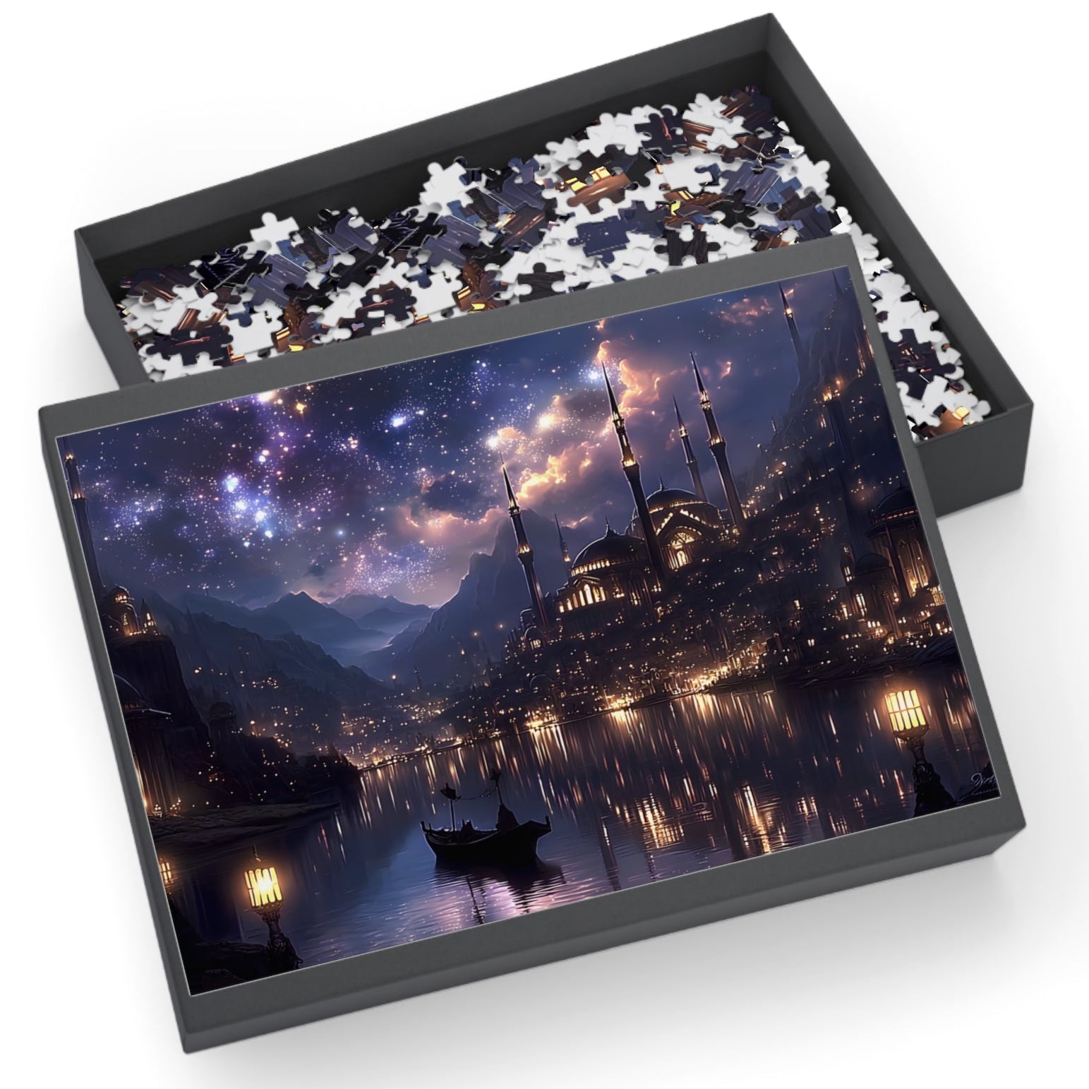 Mystical Starry Night Cityscape Puzzle  Fantasy Skyline Jigsaw for Adults, Relaxing Cozy Gift