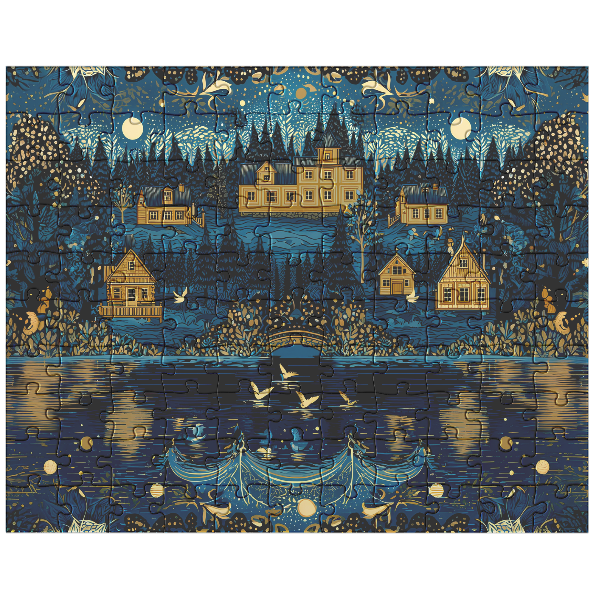 cozy night village jigsaw puzzle for adults, cottagecore art puzzle for relaxing evenings, vintage storybook village jigsaw puzzle gift