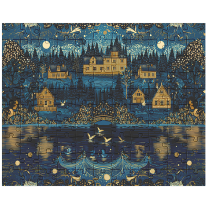 cozy night village jigsaw puzzle for adults, cottagecore art puzzle for relaxing evenings, vintage storybook village jigsaw puzzle gift