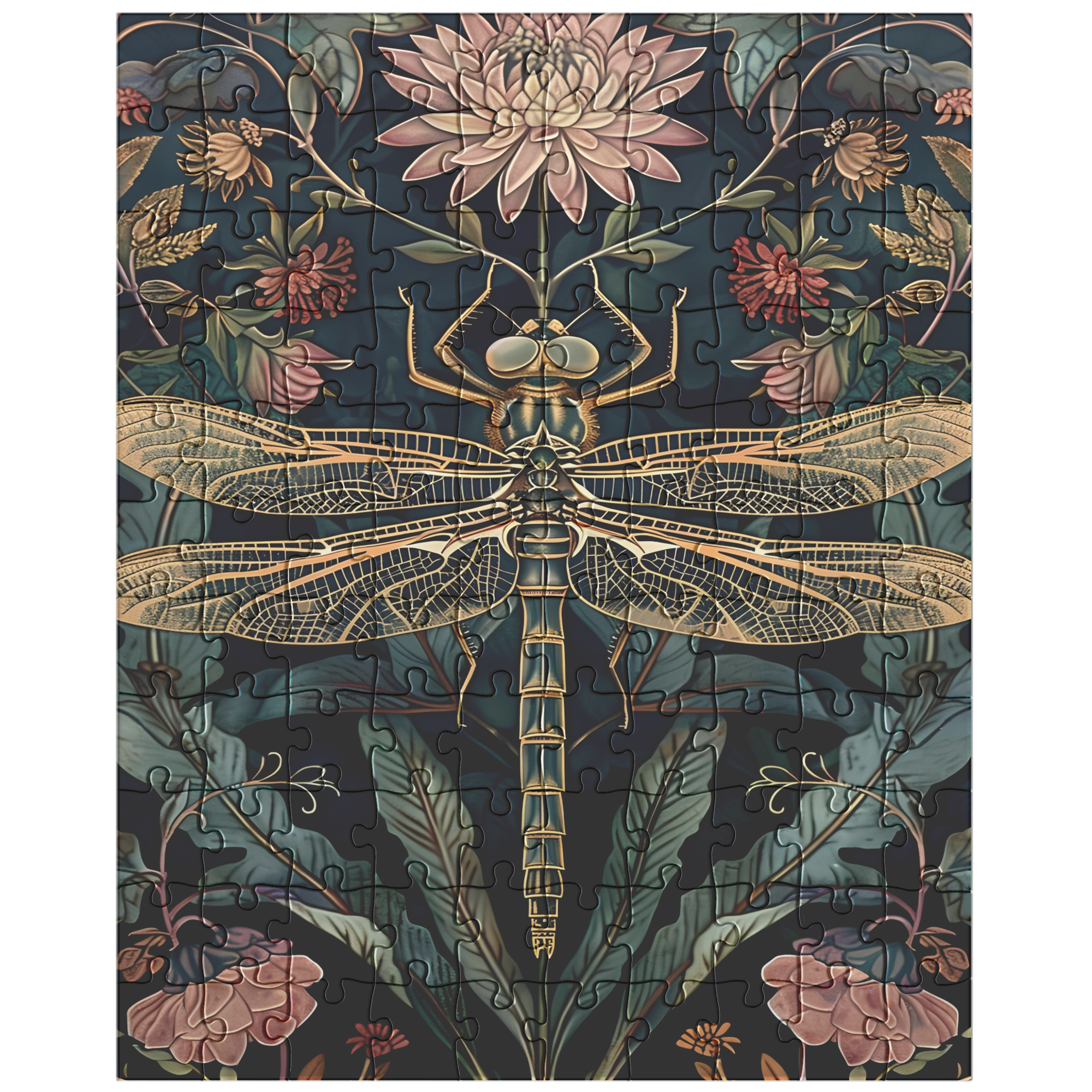 floral dragonfly art puzzle for relaxing evenings, botanical art jigsaw puzzle with gold dragonfly wings, cozy cottagecore puzzle with vintage floral design