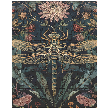 floral dragonfly art puzzle for relaxing evenings, botanical art jigsaw puzzle with gold dragonfly wings, cozy cottagecore puzzle with vintage floral design