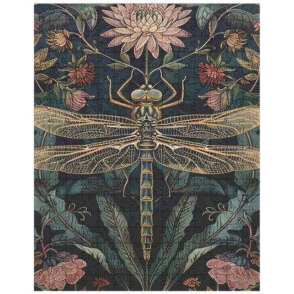cozy evening puzzle with floral dragonfly artwork, vintage floral and insect art puzzle, william morris aesthetic dragonfly puzzle for adults