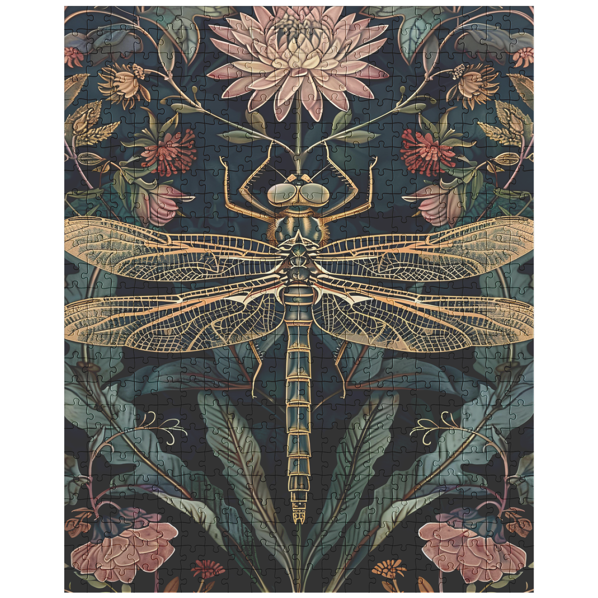 cozy night puzzle with dragonfly floral artwork, decorative art puzzle for cottagecore decor lovers, relaxing floral dragonfly puzzle for adults