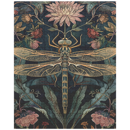 cozy night puzzle with dragonfly floral artwork, decorative art puzzle for cottagecore decor lovers, relaxing floral dragonfly puzzle for adults