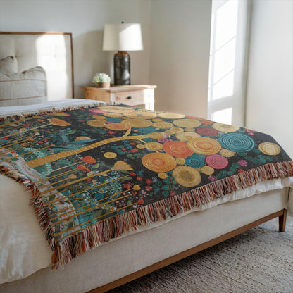 decorative cotton blanket with golden floral tree motif, night garden themed woven throw blanket, tapestry blanket featuring whimsical floral landscape