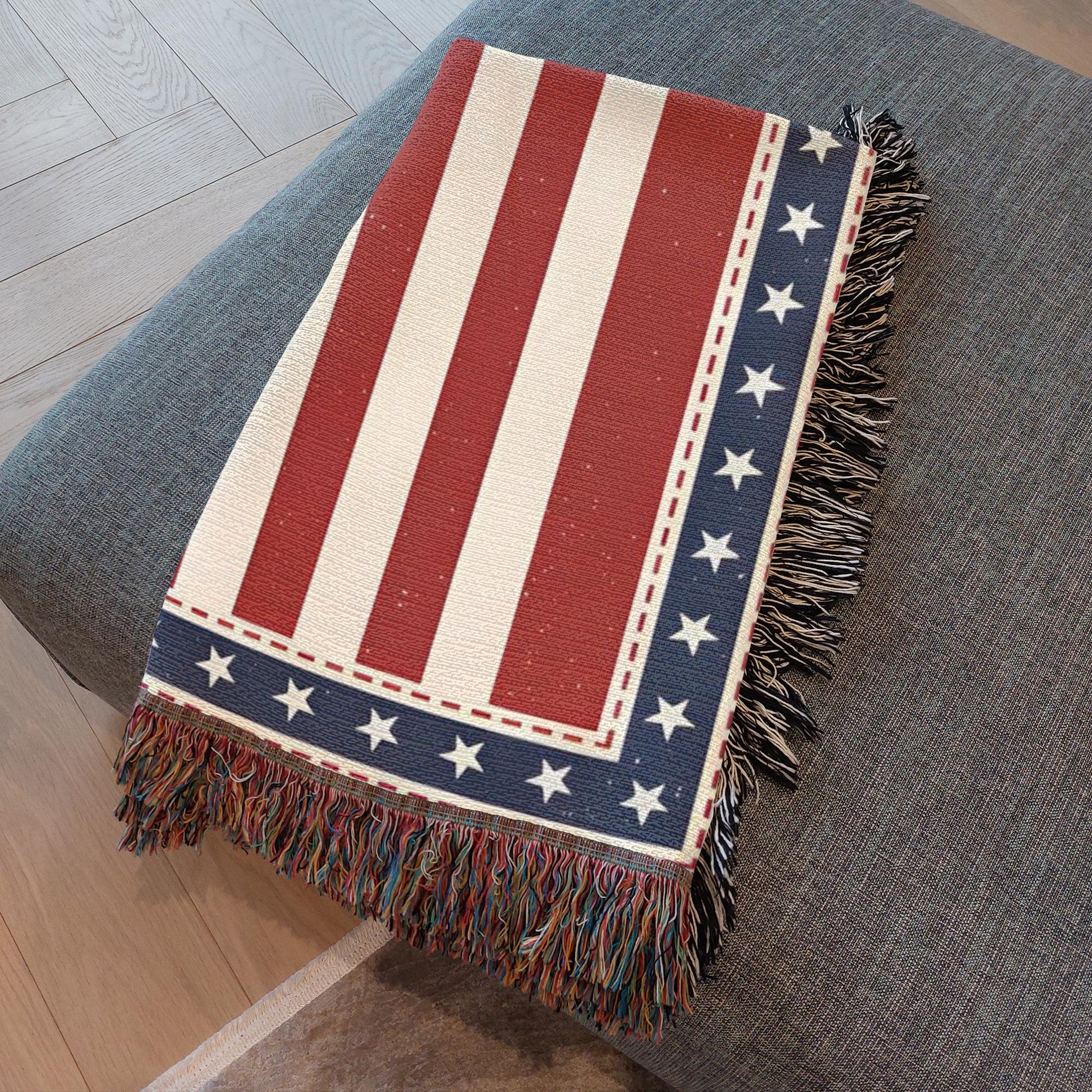 stars and stripes woven cotton blanket with fringe, patriotic anniversary blanket celebrating 250 years of freedom, american flag woven throw blanket for traditional decor