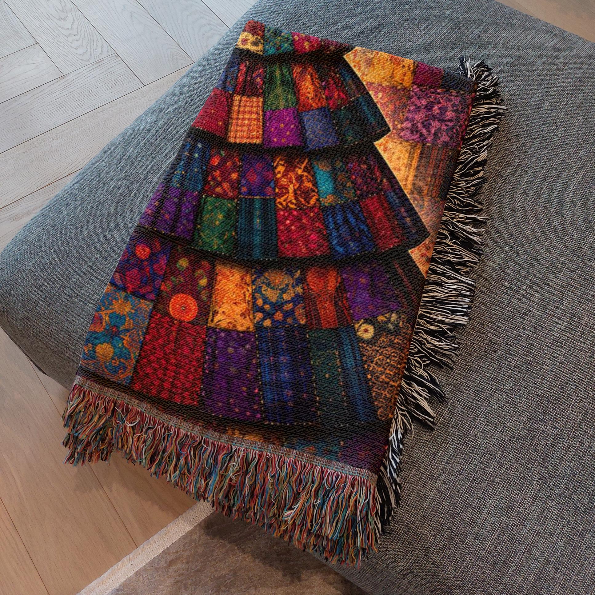 artistic woven cotton couch coverlet, heirloom quality tapestry style throw, bohemian jewel tone art blanket