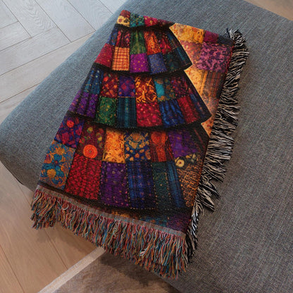 artistic woven cotton couch coverlet, heirloom quality tapestry style throw, bohemian jewel tone art blanket
