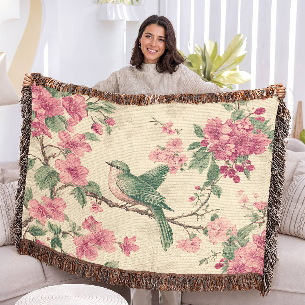 Pink, green bird and flowers blanket
