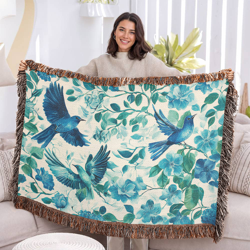 Turquoise and Blue Birds and Flowers Woven Blanket
