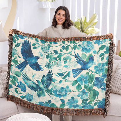 Turquoise and Blue Birds and Flowers Woven Blanket