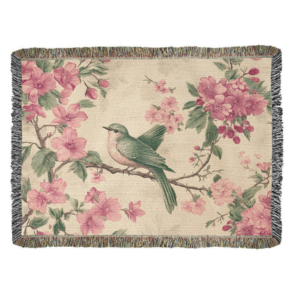 Pink, green bird and flowers blanket