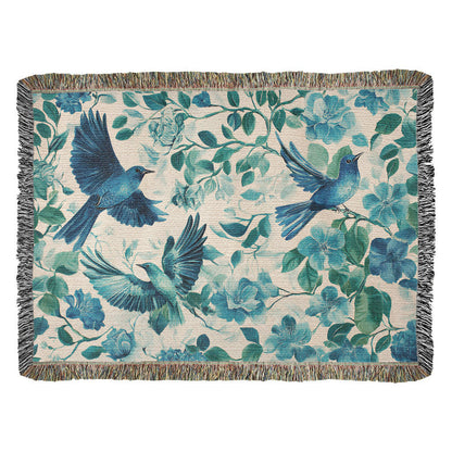 Turquoise and Blue Birds and Flowers Woven Blanket
