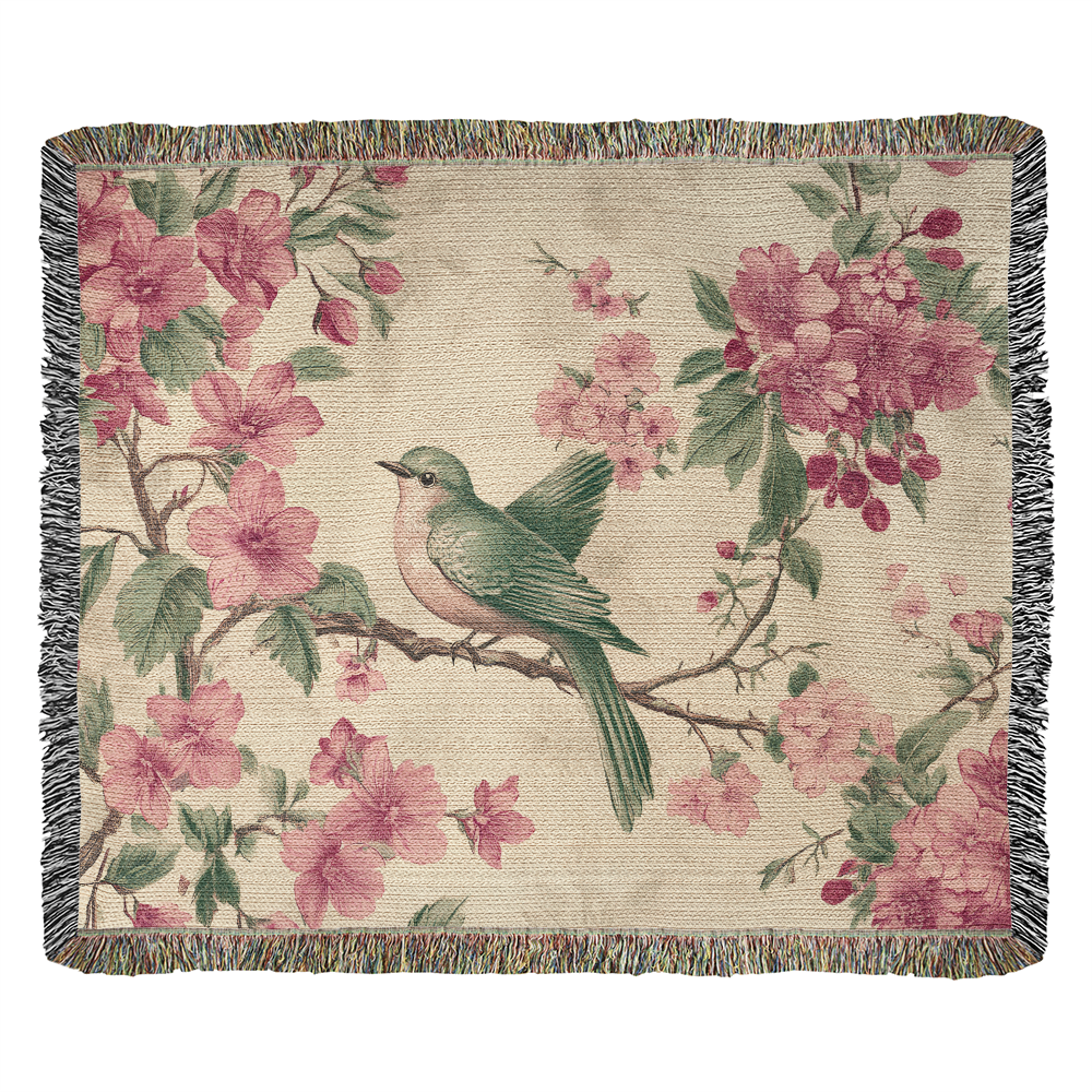 Pink, green bird and flowers blanket