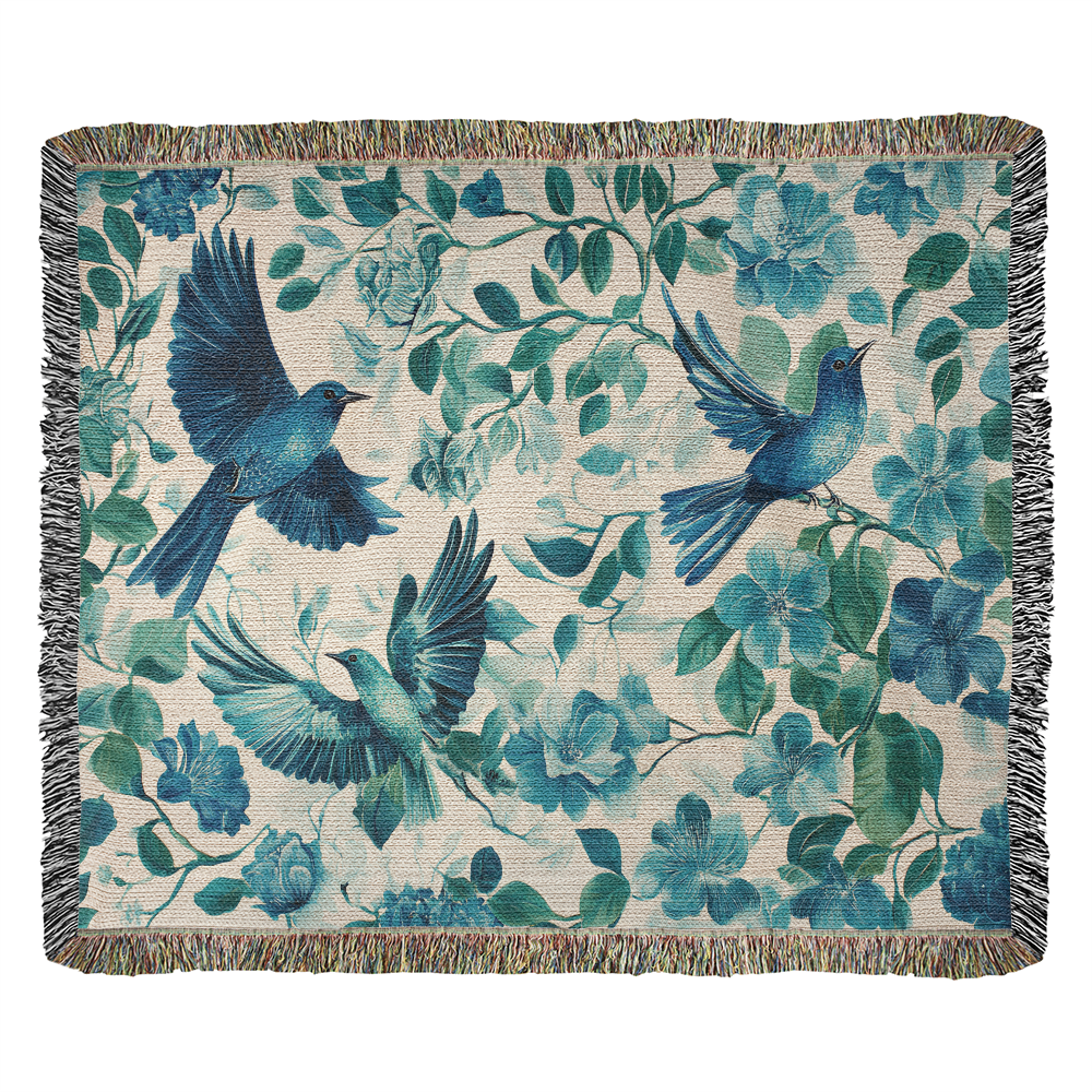 Turquoise and Blue Birds and Flowers Woven Blanket