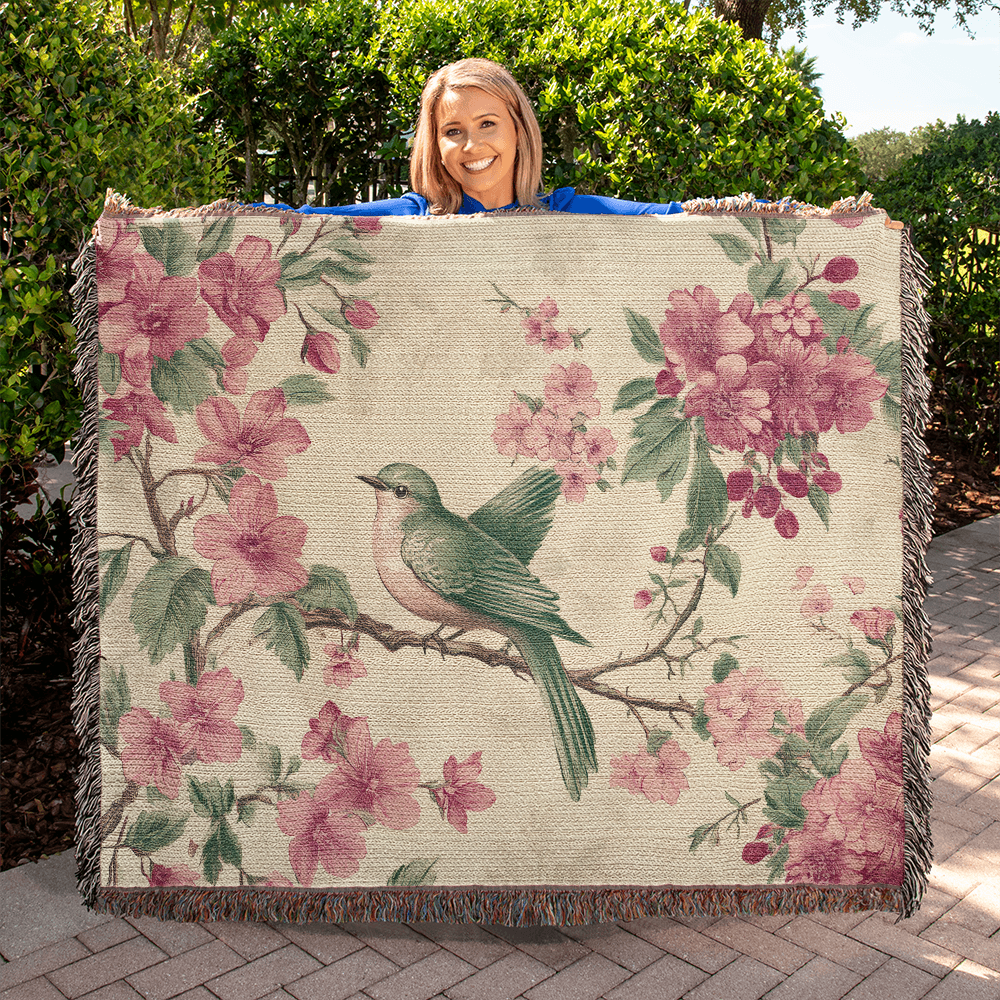 Pink, green bird and flowers blanket