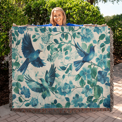 Turquoise and Blue Birds and Flowers Woven Blanket
