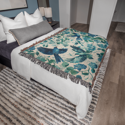 Turquoise and Blue Birds and Flowers Woven Blanket