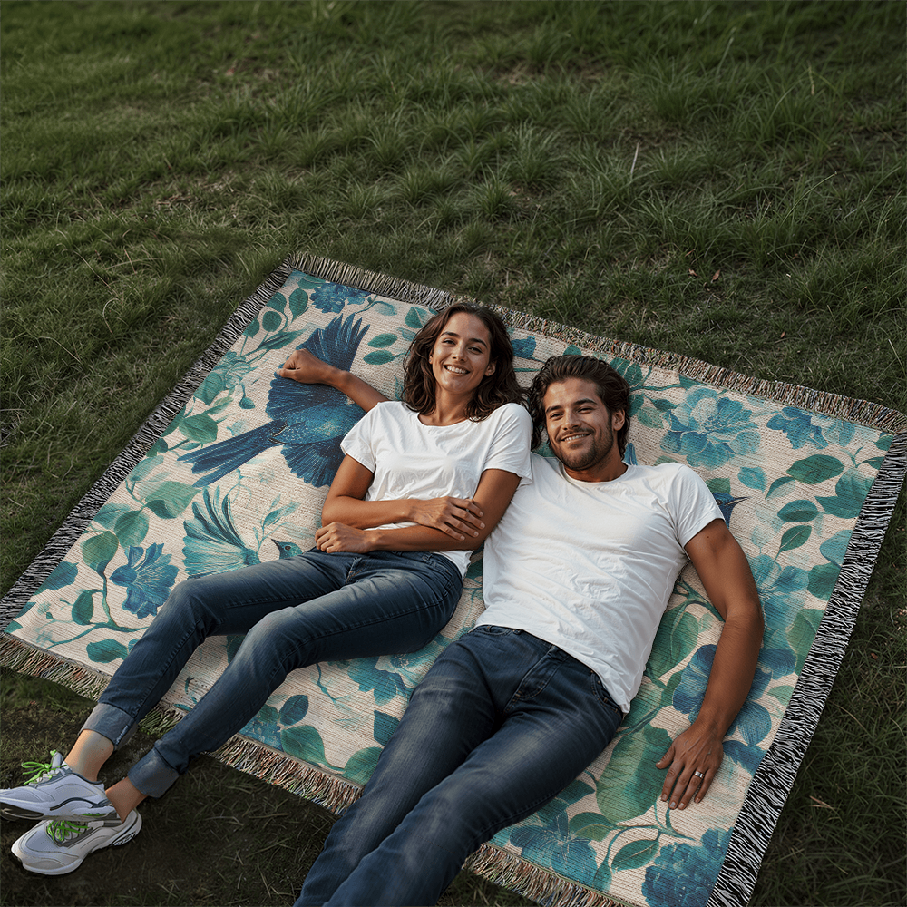 Turquoise and Blue Birds and Flowers Woven Blanket