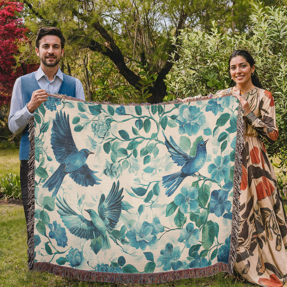 Turquoise and Blue Birds and Flowers Woven Blanket