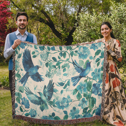 Turquoise and Blue Birds and Flowers Woven Blanket