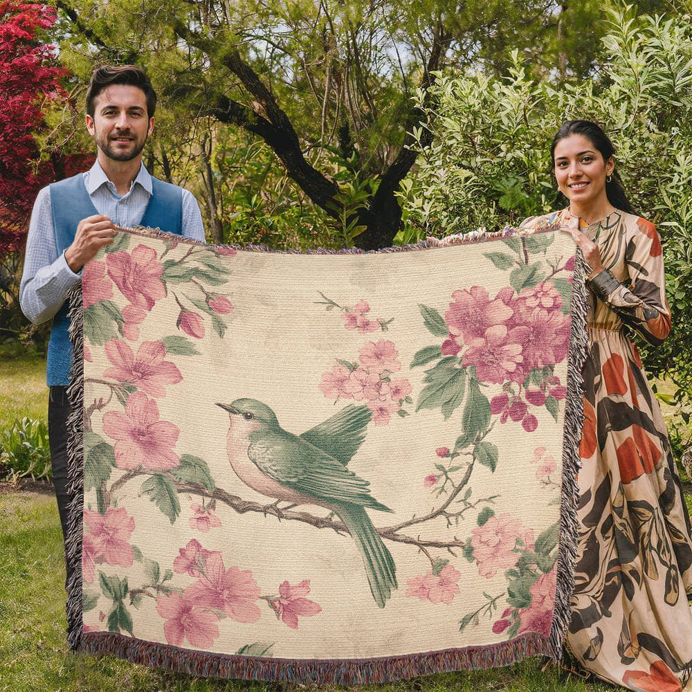 Pink, green bird and flowers blanket