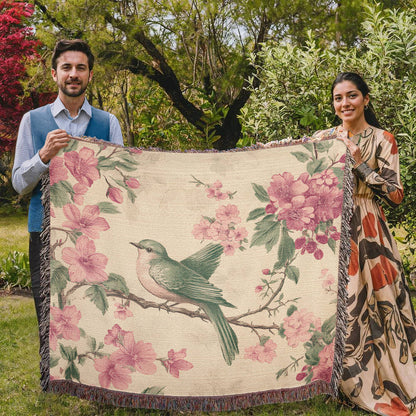 Pink, green bird and flowers blanket