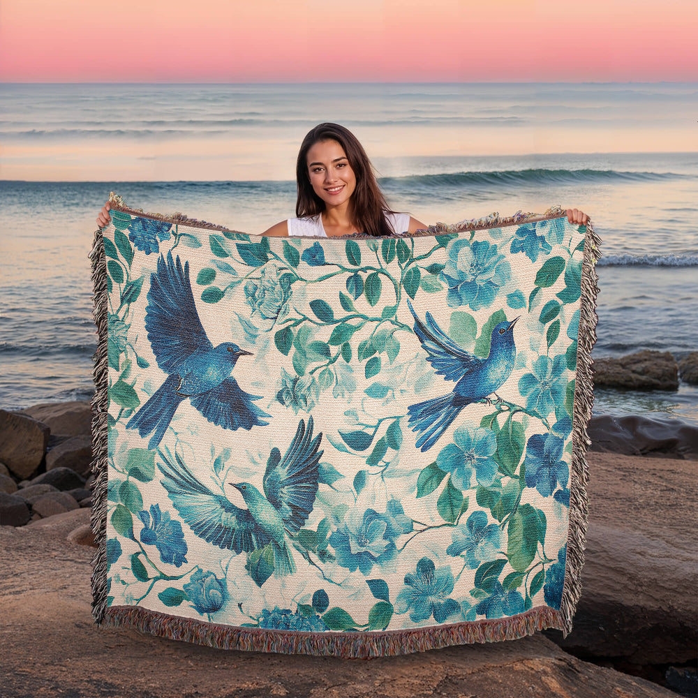 Turquoise and Blue Birds and Flowers Woven Blanket