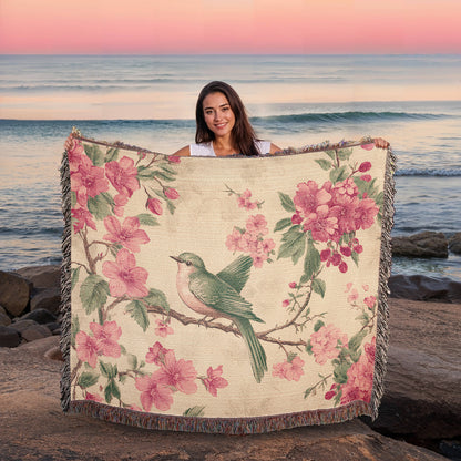 Pink, green bird and flowers blanket