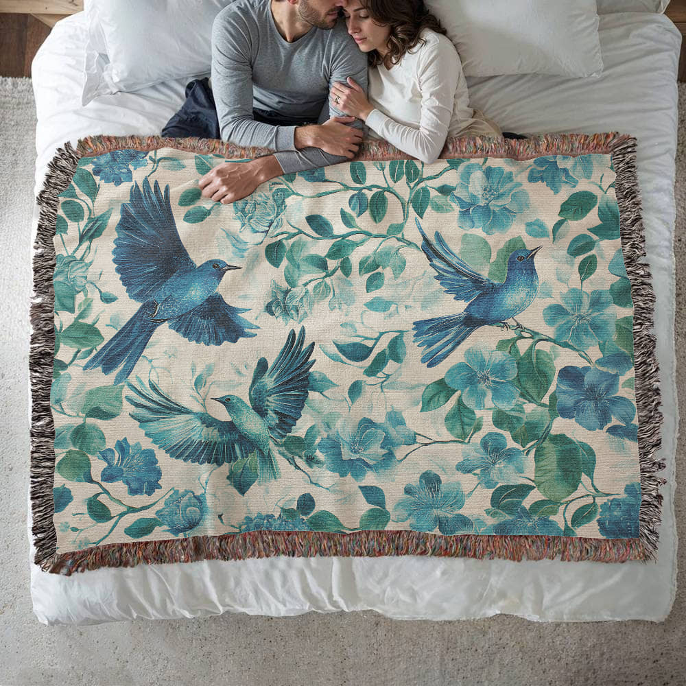 Turquoise and Blue Birds and Flowers Woven Blanket