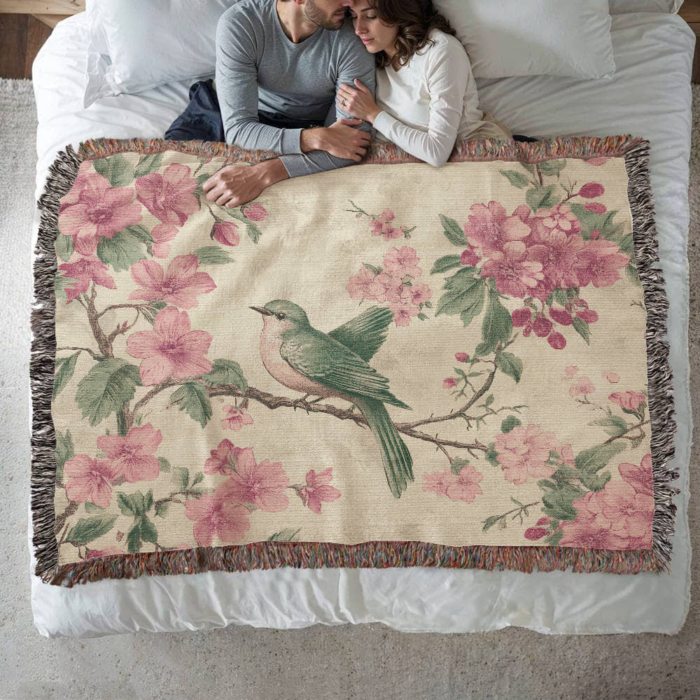 Pink, green bird and flowers blanket